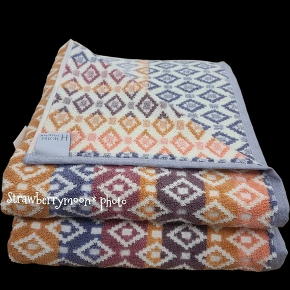 4pc Hotel Collection Multicolor Diamond Tile Aztec 2 Bath 2 Hand Towel Set New